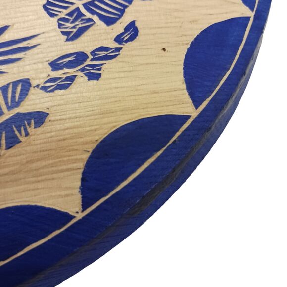 Asian Art Handcarved Wood 10" ROUND BLUE Block Painted BIRDS Ducks Water SIGNED - Picture 5 of 13